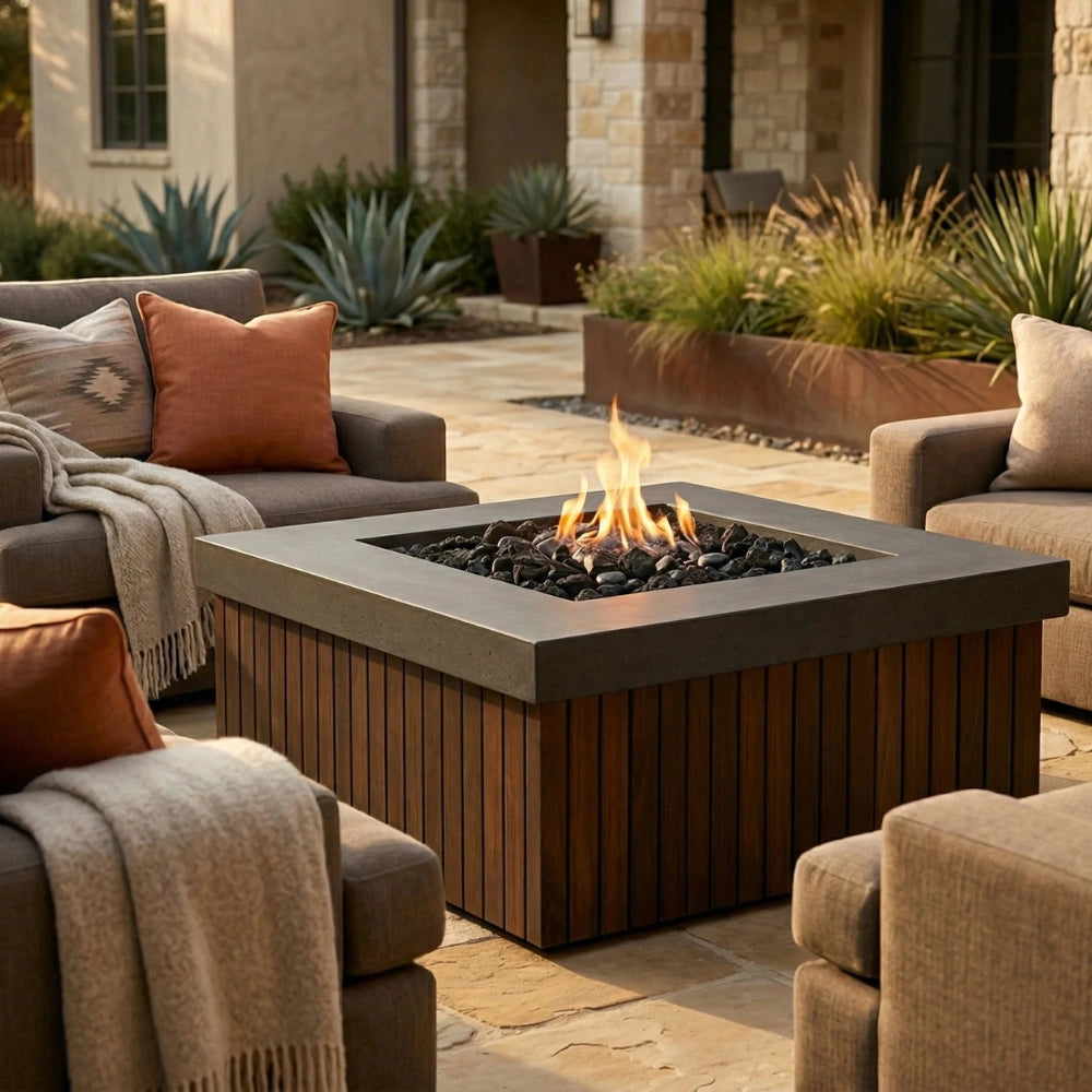 Outdoor patio with square outdoor concrete fire pit table with an element of teak slats, chairs, and decorative plants.