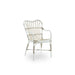 White rattan outdoor dining armchair featuring an open slatted back, woven seat and curved arms.