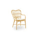 Natural rattan outdoor dining armchair with a white cushion featuring an open slatted back and curved arms.