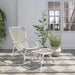 White rattan outdoor footstool with a matching lounge chair on a checkered floor.