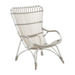 White rattan outdoor high-back lounge chair featuring an open slatted back and curved arms.