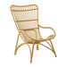 Natural rattan outdoor high-back lounge chair featuring an open slatted back and curved arms.
