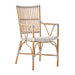 Natural rattan outdoor bistro armchair featuring black and white woven wicker seat, back and curved arms.