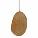 Natural rattan outdoor hanging egg chair suspended by a metal chain.