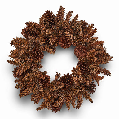 Handmade brown natural pinecone wreath on a white background.