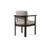 A stylish aluminum dining chair with a black frame and a tan quick dry upholstered seat, suitable for various outdoor settings.