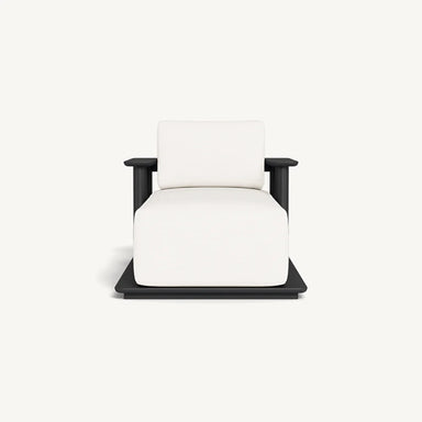 Rectangular outdoor chaise lounge with white cushion and black aluminum frame, fixed design
