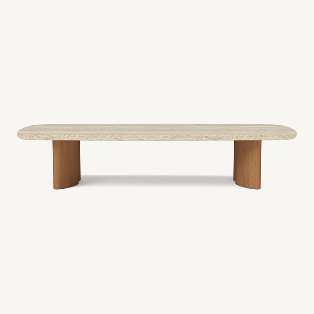 Rectangular outdoor coffee table with marble top and wooden legs.