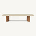 Rectangular outdoor coffee table with marble top and wooden legs.
