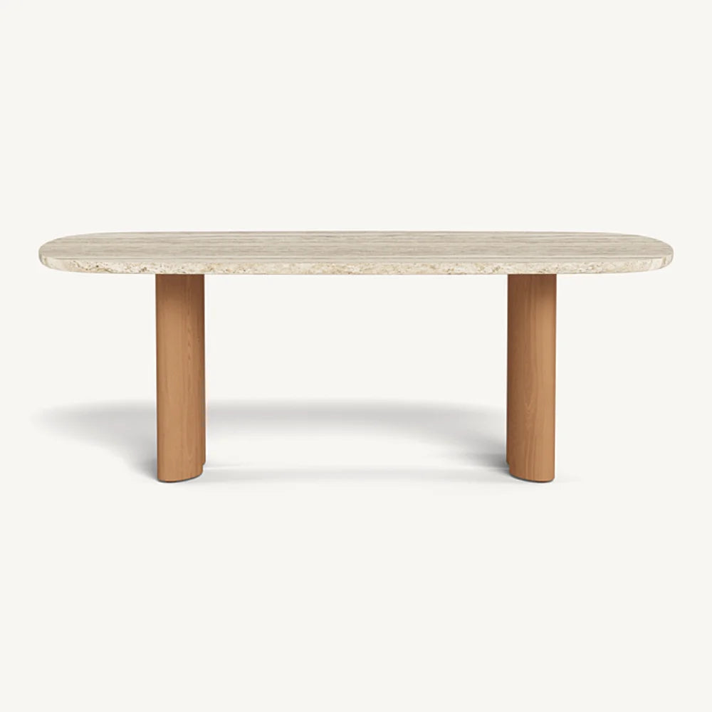 Marble-top table with wooden legs on a white background