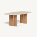 Wooden legs table with a light-colored marble top.