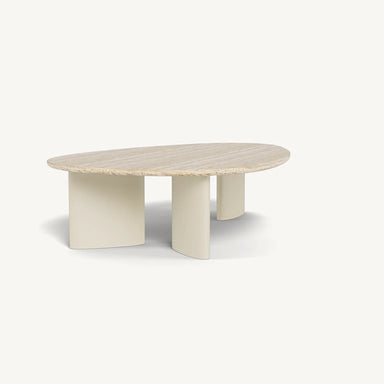 Oval beige patio coffee table with textured top and three thick, curved legs on a white background.