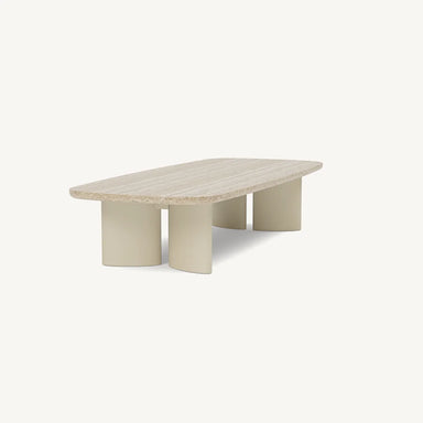 Light beige patio coffee table with a textured rounded rectangular tabletop on a white background.