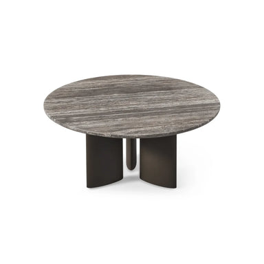 Round patio dining table with gray textured top and three black legs on a white background.