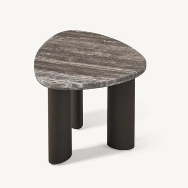 Gray rounded triangular stone outdoor side table with three thick black legs on a white background.
