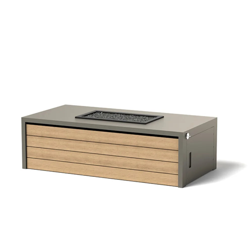 Rectangular hidden propane tank fire pit table with wooden accents and gray top on a white background