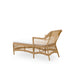 Natural rattan outdoor chaise lounge viewed from the rear with a white cushion and open woven frame.