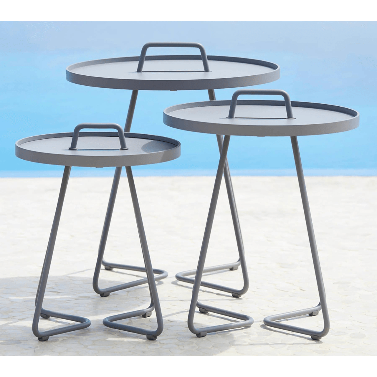 Boxhill's On-The-Move light grey outdoor round side table in 3 different sizes 