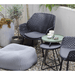 Boxhill's On-The-Move olive green and black outdoor round side table with 2 dark grey outdoor dining chair and a fabric footstool