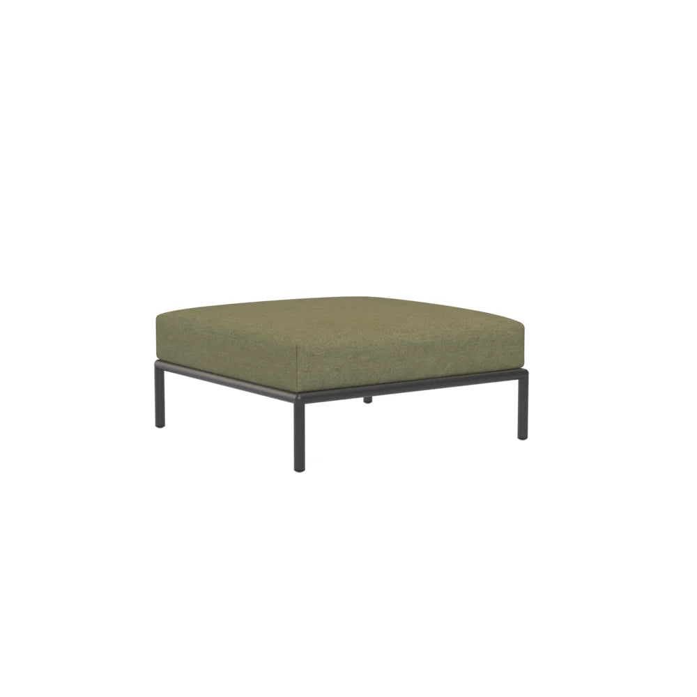 Square outdoor ottoman with olive green cushion and dark gray aluminum frame on a white background