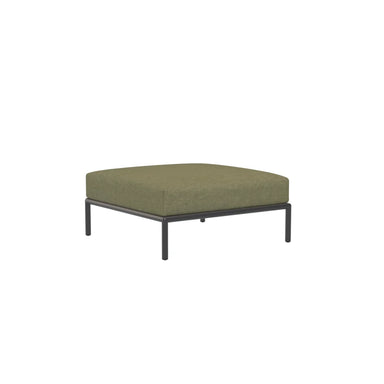 Square outdoor ottoman with olive green cushion and dark gray aluminum frame on a white background