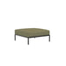 Square outdoor ottoman with olive green cushion and dark gray aluminum frame on a white background