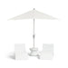 A white patio umbrella with a matching white pedestal base and two white lounge chairs, shown on a clean white background.