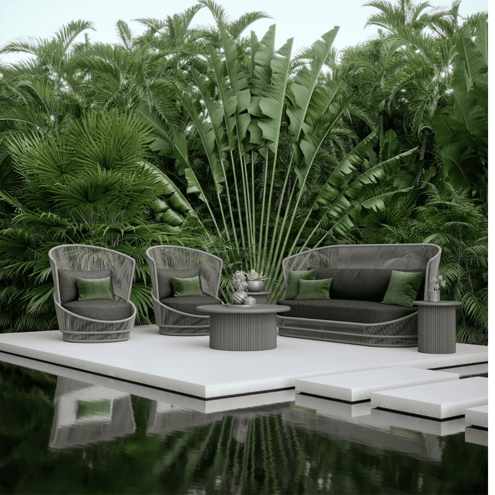 Boxhill's Palma 3 Seat Outdoor Sofa Mocha lifestyle image with Palma Swivel Club Chair and Palma Coffee Table and Side Table