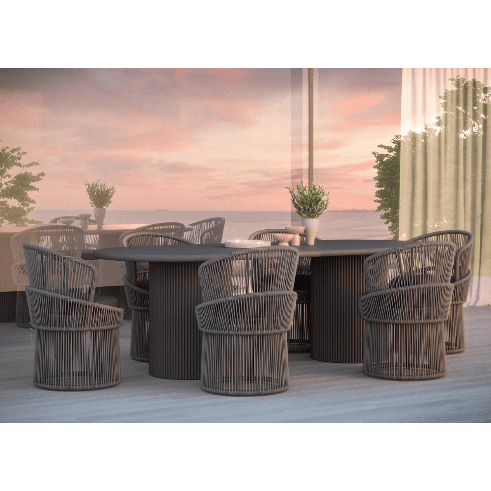 Boxhill's Palma 96 Outdoor Dining Table Mocha lifestyle image with Palma Swivel Dining Chair