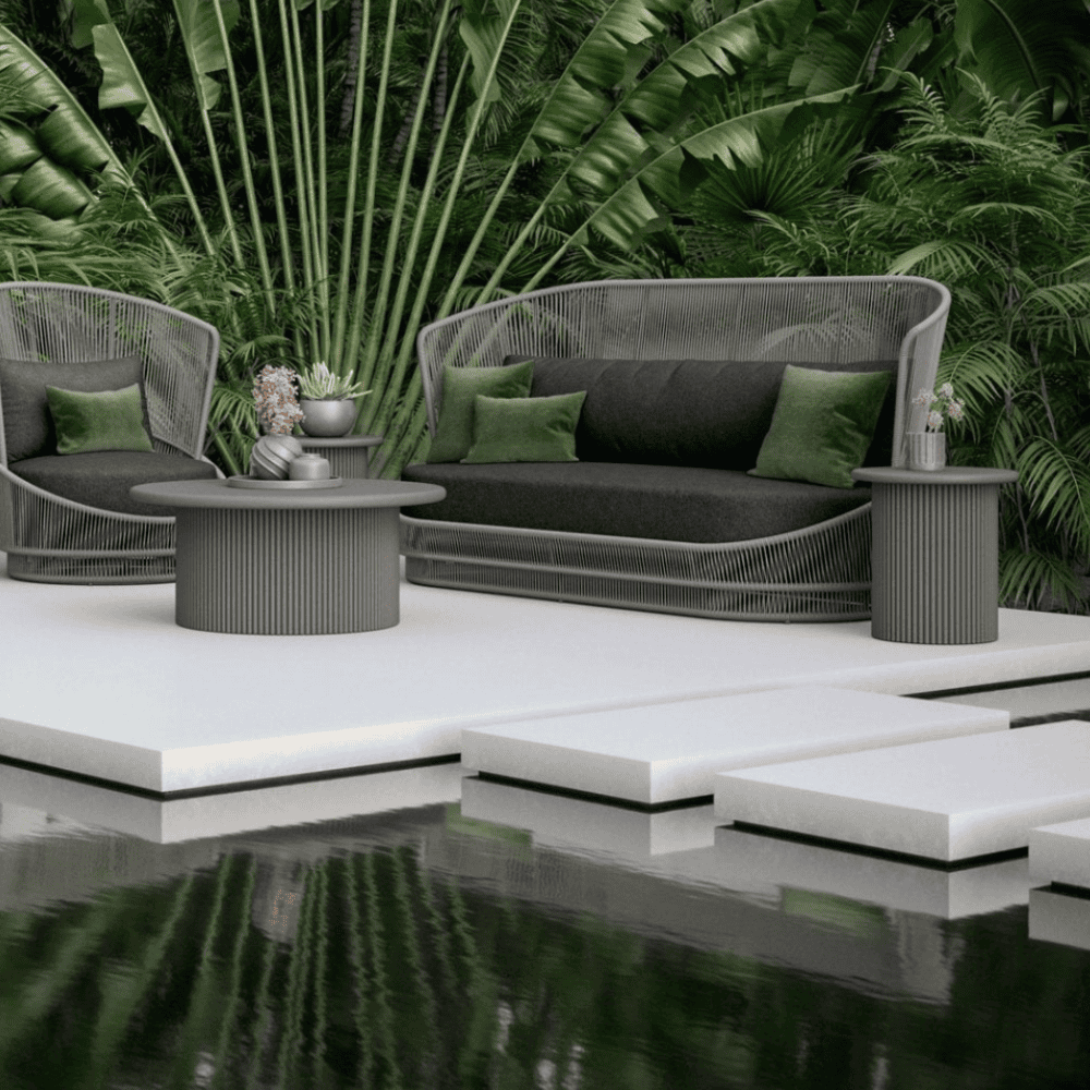 Boxhill's Palma Outdoor Side Table Mocha lifestyle image with Palma 3 Seat Sofa, Palma Swivel Club Chair, and Palma Coffee Table