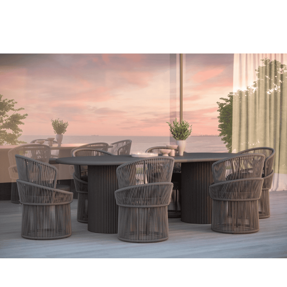 Boxhill's Palma Outdoor Swivel Dining Chair Mocha lifestyle image with Palma 96 Outdoor Dining Table