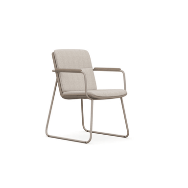 Paros Outdoor Stackable Dining Chair with beige cushion and teak armrest