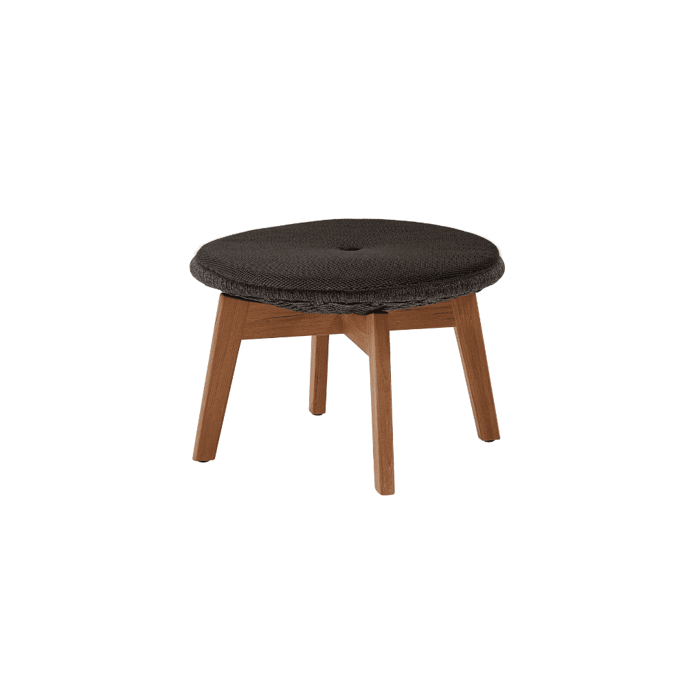 Boxhill's Peacock dark grey outdoor footstool with teak legs with dark brown cushion on white background