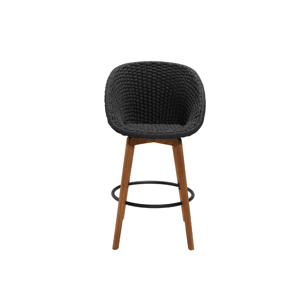 Boxhill's Peacock dark grey outdoor bar chair with teak legs front view on white background