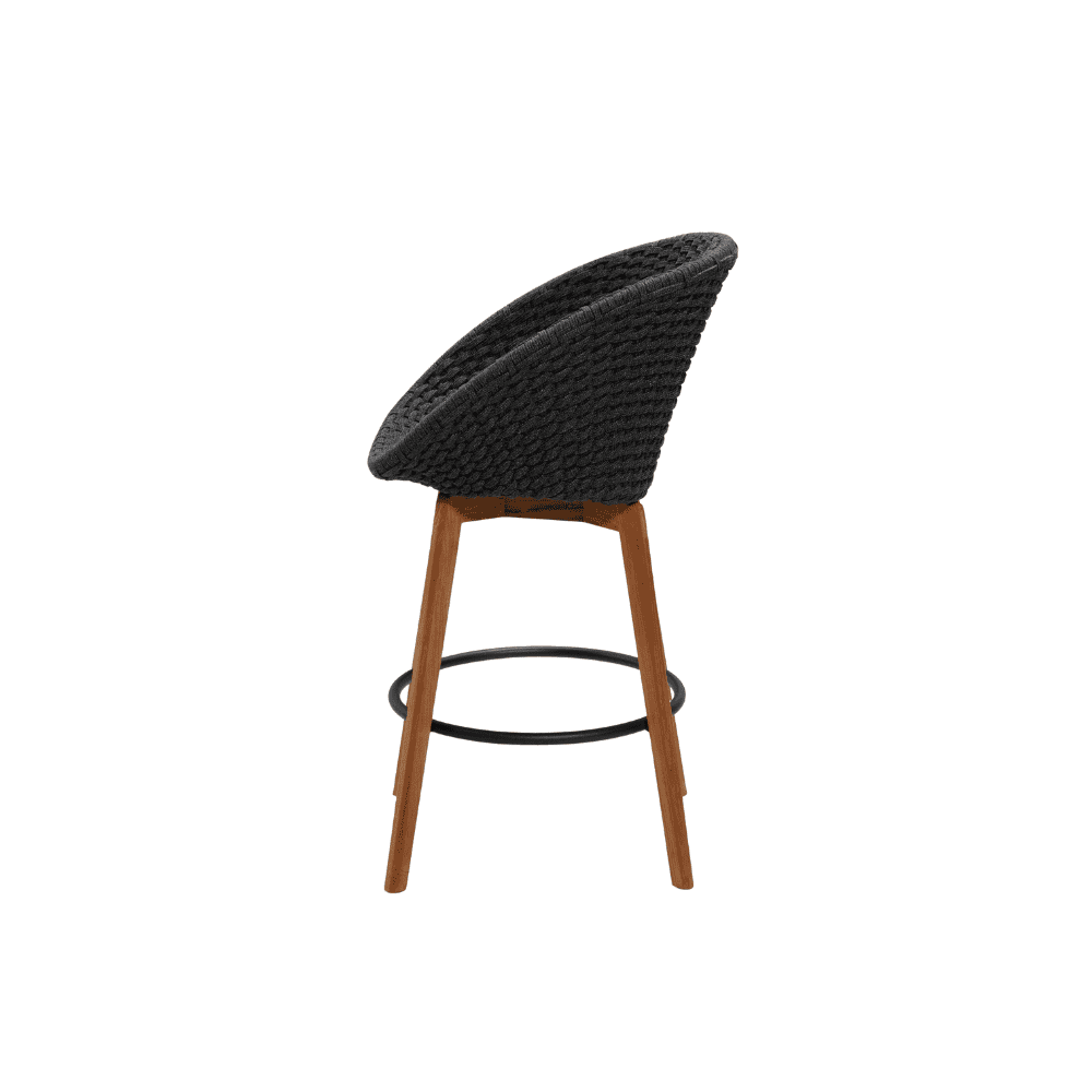 Boxhill's Peacock dark grey outdoor bar chair with teak legs side view on white background