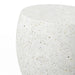 Close up of white speckled concrete outdoor end table on a white background