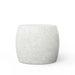Round white concrete outdoor end table with speckled texture on a white background