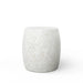 Round white speckled concrete patio side table on a white background