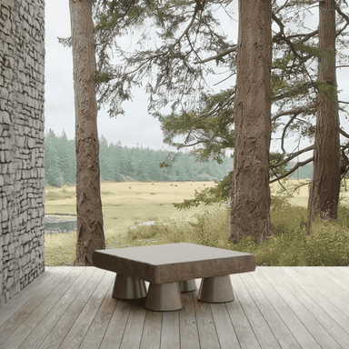 A concrete coffee table that has a smooth, polished table top and base with a carved edge detail.