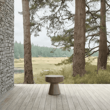 A concrete side table that has a smooth, polished table top and base with a carved edge detail.