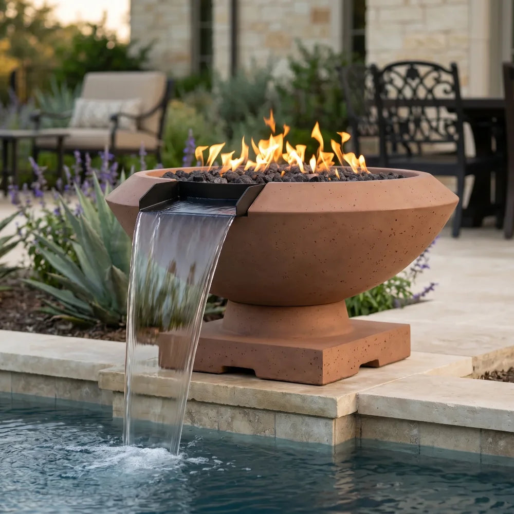 Outdoor terracotta color concrete fire pit with water feature next to a pool