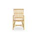 Natural rattan outdoor dining armchair with an open woven back, woven seat and curved armrests.
