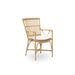 Natural rattan outdoor dining armchair with a white seat cushion, open woven back and curved armrests.