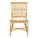Natural rattan outdoor dining side chair featuring an open woven back viewed from the front.