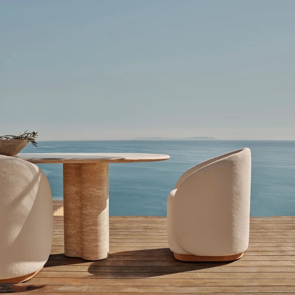 Porto Travertine Pill Outdoor Dining Table 108" Lifestyle
