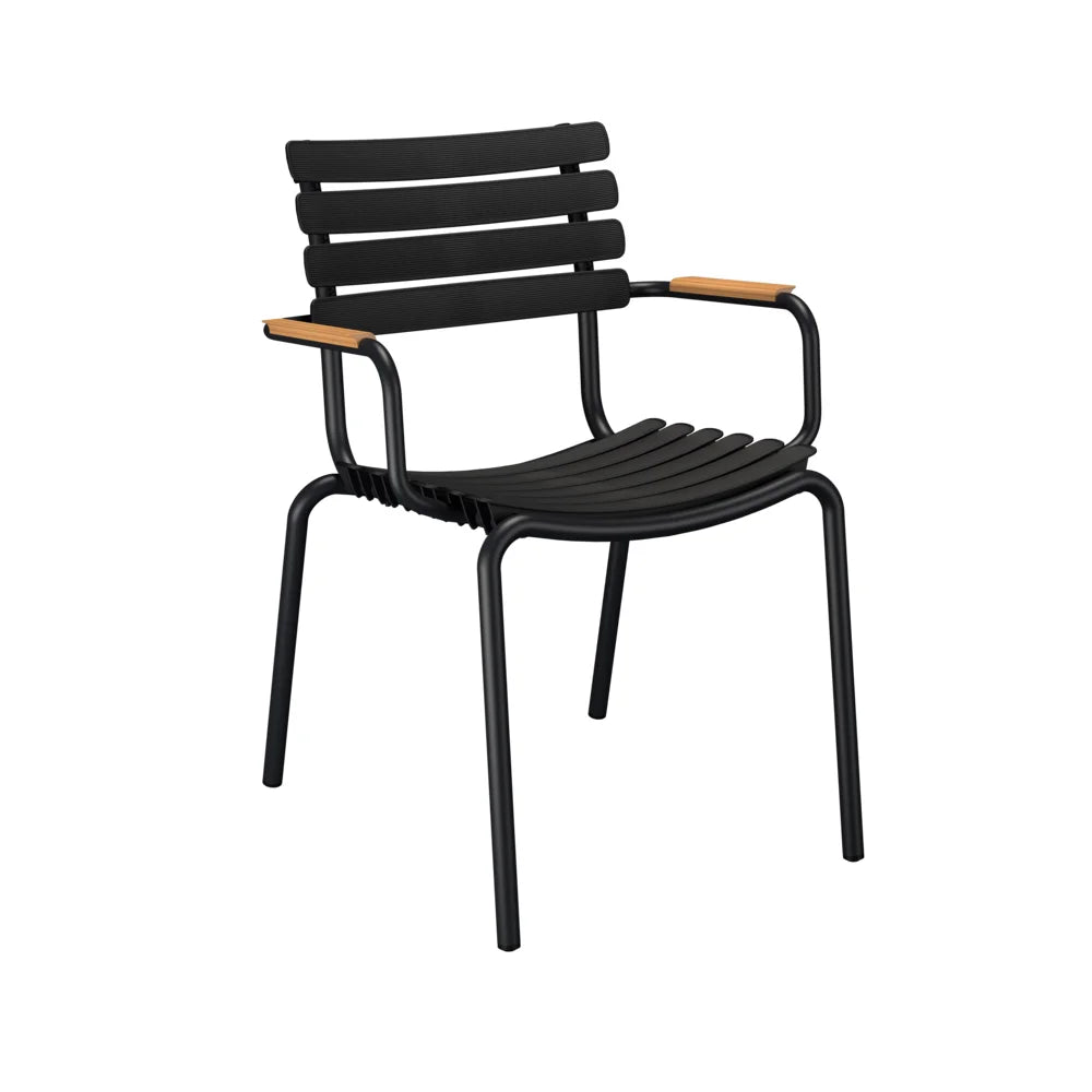 Black aluminum outdoor dining chair with wooden accent armrests on a white background