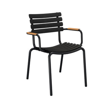 Black aluminum outdoor dining chair with wooden accent armrests on a white background