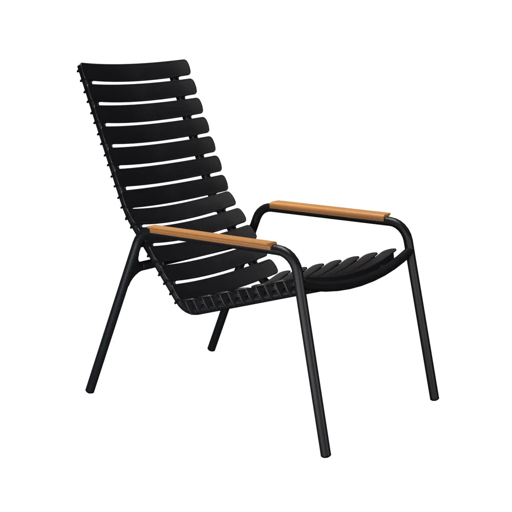Black outdoor lounge chair with slatted design and wooden armrest accents on a white background