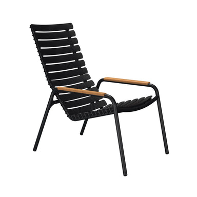 Black outdoor lounge chair with slatted design and wooden armrest accents on a white background