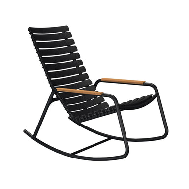 Black outdoor rocking chair with slatted design and wooden armrests on a white background